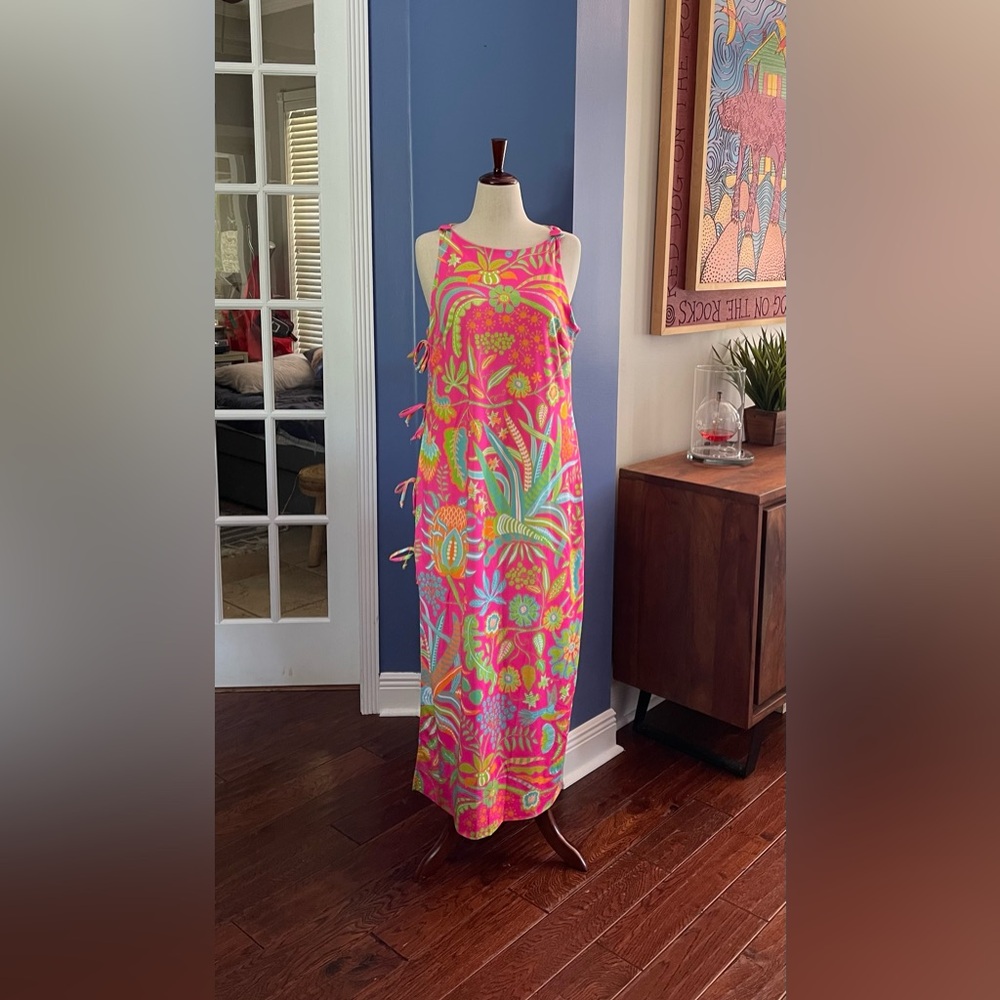 Gretchen Scott Hummingbird Print Maxi Dress with decorative tie side .